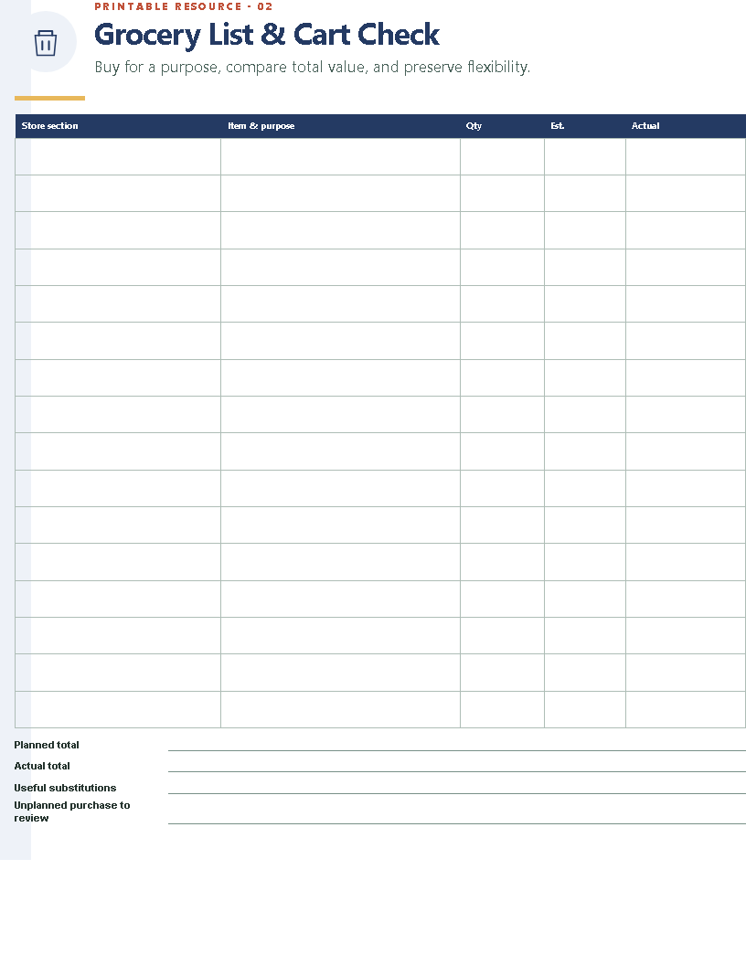 Example grocery worksheet page